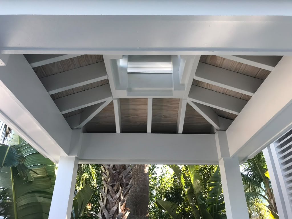 Covered porch with custom carpentry ceiling built by GTG Construction in the Florida Keys