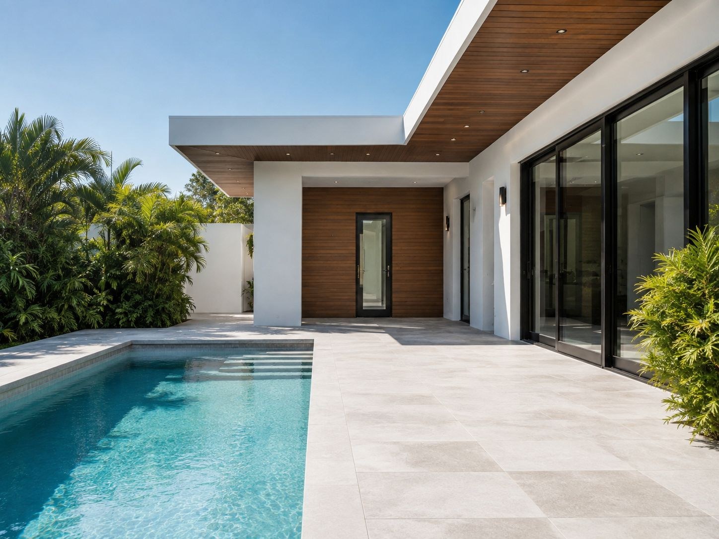 Pool and travertine patio beside a modern Florida Keys home